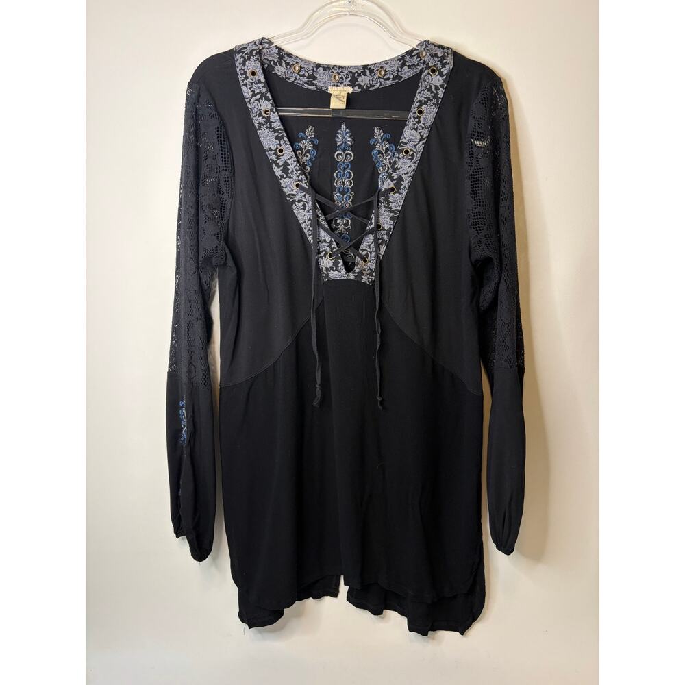 Gimmicks by BKE Black Mixed Media Tunic Top Long Sleeve Lace up Split Hem XL